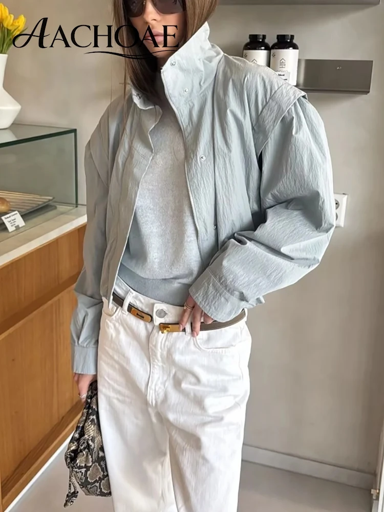 AACHOAE Women Lightweight Cropped Windbreaker Jacket Stand Collar Zip Up Bomber Jacket Casual Loose Fit Short Coat Outerwear