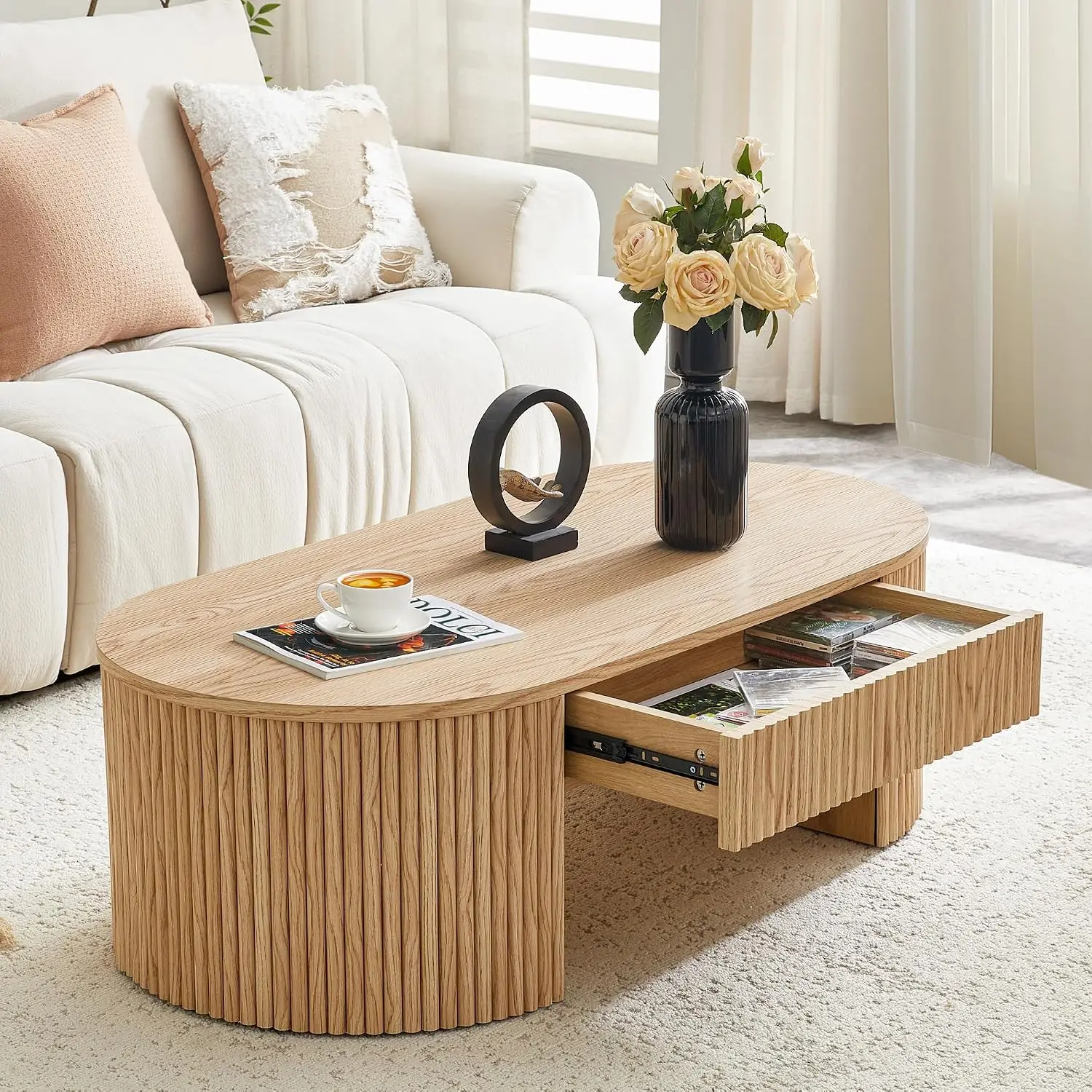 Oval Fluted Wood Coffee Table With Storage Drawer, 47.5