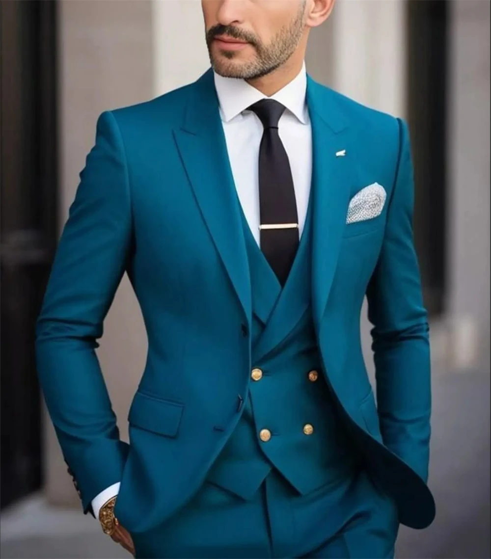 

Elegant Teal Blue Men’s 3-Piece Suit Slim Fit Wedding Tuxedo Wedding Suit Dinner Party Wear Set (Jacket+Vest+Pants) Tailor Made