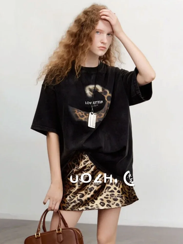 

ZhuoZhi round Neck T-Shirt Set Satin Print Leopard Pattern Half Skirt Two-Piece Suit French Style Short Sleeve Casual Wear