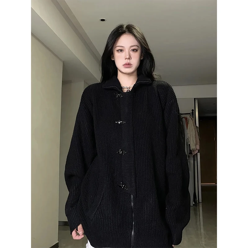 MEXZT Y2K Knitted Cardigan Women Streetwear Black Oversized Sweater Coat Harajuku Gothic Buttons Zipper Knitwear Casual Jumpers