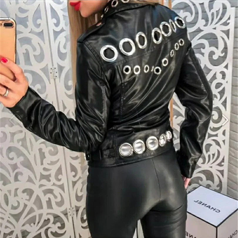 Women Chic Faux Leather Motorcycle Jacket Fall PU Locomotive Bomber Coat Zipper Cardigan Metal Rings Hollow Streetwear Crop Tops