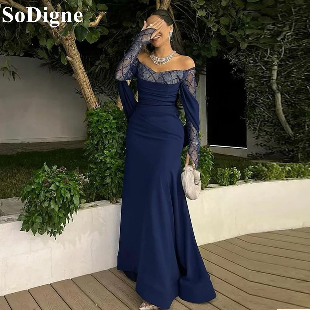 

SoDigne Navy Blue Mermaid Elegant Prom Dresses Off Shoulder Lace Beading 2024 Exquisite Formal Evening Party Dress for Women