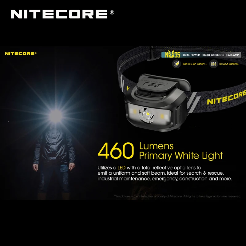 Triple Light Sources NITECORE NU35 Rechargeable Dual Power Hybrid Working Headlamp Compatible with Replaceable AAA Batteries