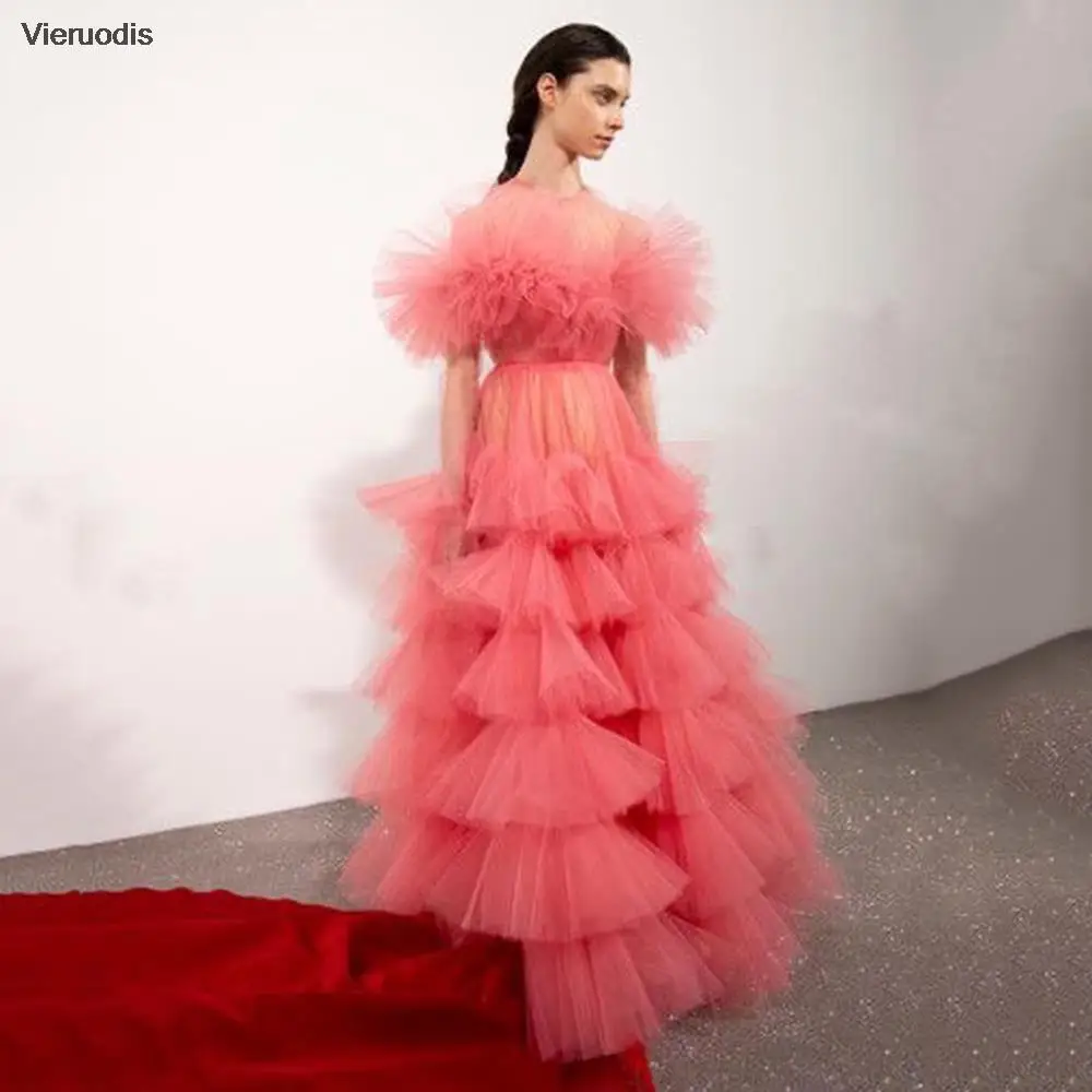 エレガントなAライン、Oネック、ラッフル、ティアード、プロムドレス、ロングパフスリーブ、チュール、イブニングガウン、ホットセール、ピンク、パーティードレス、ジッパー付き