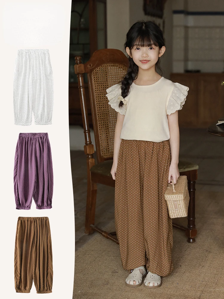 

2023 Summer Girls' Polka Dot Loose Wide Leg Pants Children's Vintage Elastic Belt Mid Waist Casual Pants 7-12y