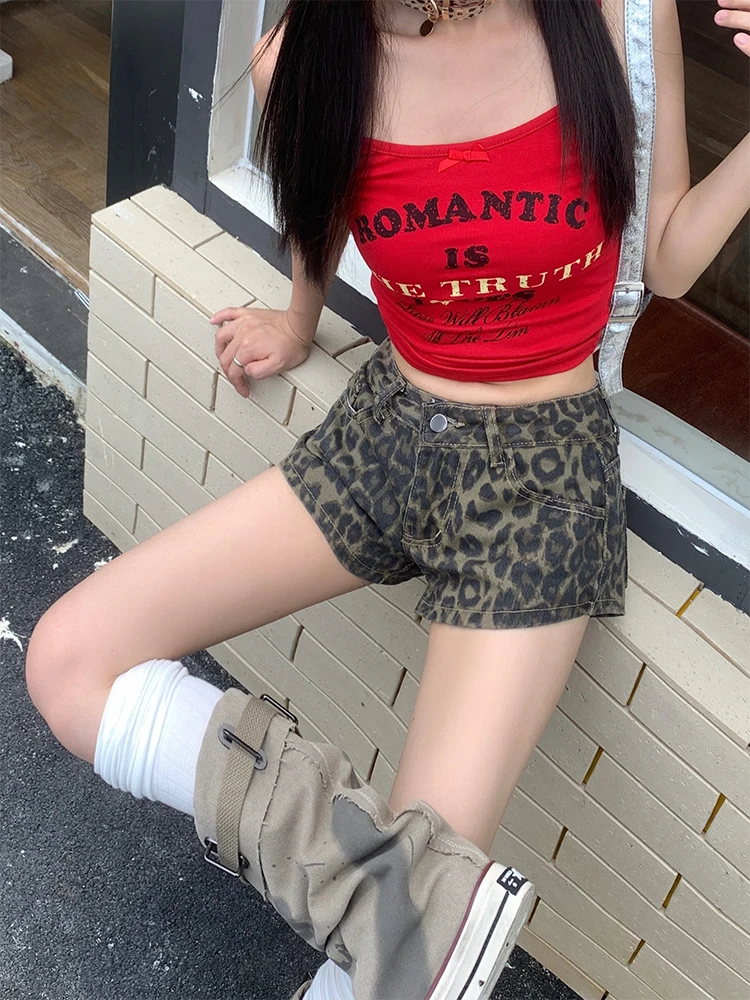 Summer Women Idol Y2k Gyaru Low Waist Leopard Print Denim Shorts 2000s Kpop Japanese Harajuku Cyber Punk Jean Hot Pants Coquette