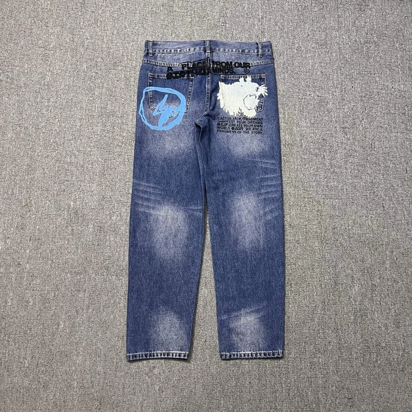 

Cactus Ja X Fragment Collaborative Pattern Printed Waed Denim Long Pants Straight Leg Fit Casual Youth Jeans