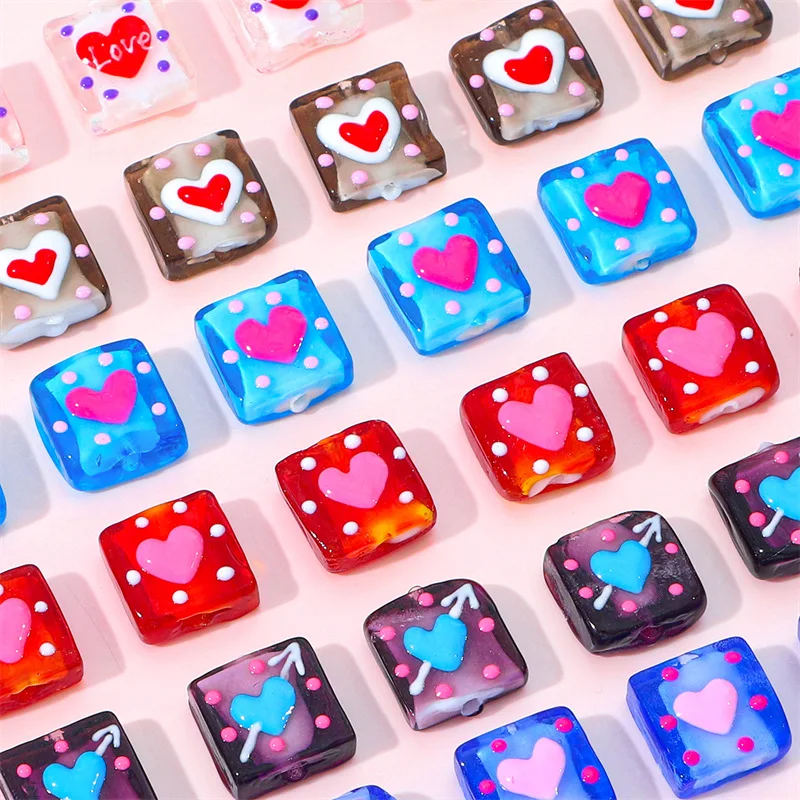 3 Stück 15 mm handgefertigte quadratische Würfel Lampwork Glasperlen Herz Charms Perlen für DIY Schmuckherstellung Handwerk Armband Zubehör