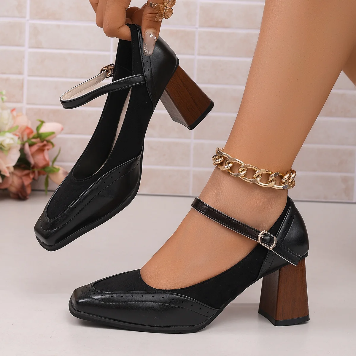 Spring and Autumn New Splicing High Heels Women's One Line Buckle with French Square Head Thick Heel Retro Mary Jane Shoes Women