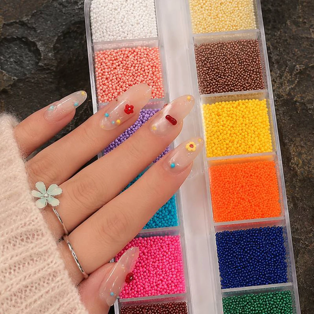 Glossy Metallic Micro Caviar Nail Beads 12 Grids Mixed Color Small Round Nail Studs Professional Nail Salon Decor Parts