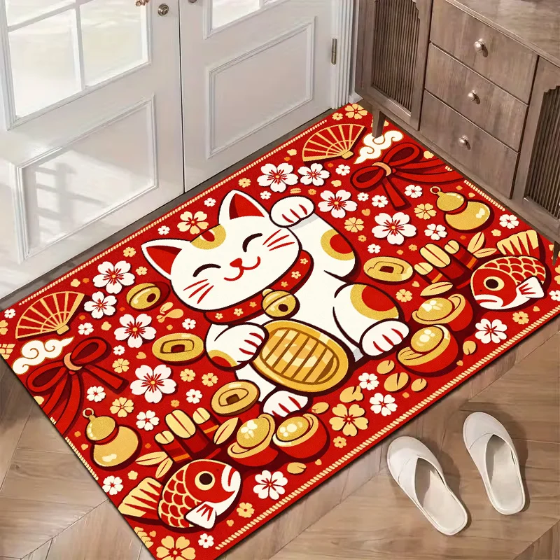Lucky Cat Door Mat, Japanese Maneki Neko Red Floor Rug with Gold Coins & Flowers for Entrance Decor multiple sizes