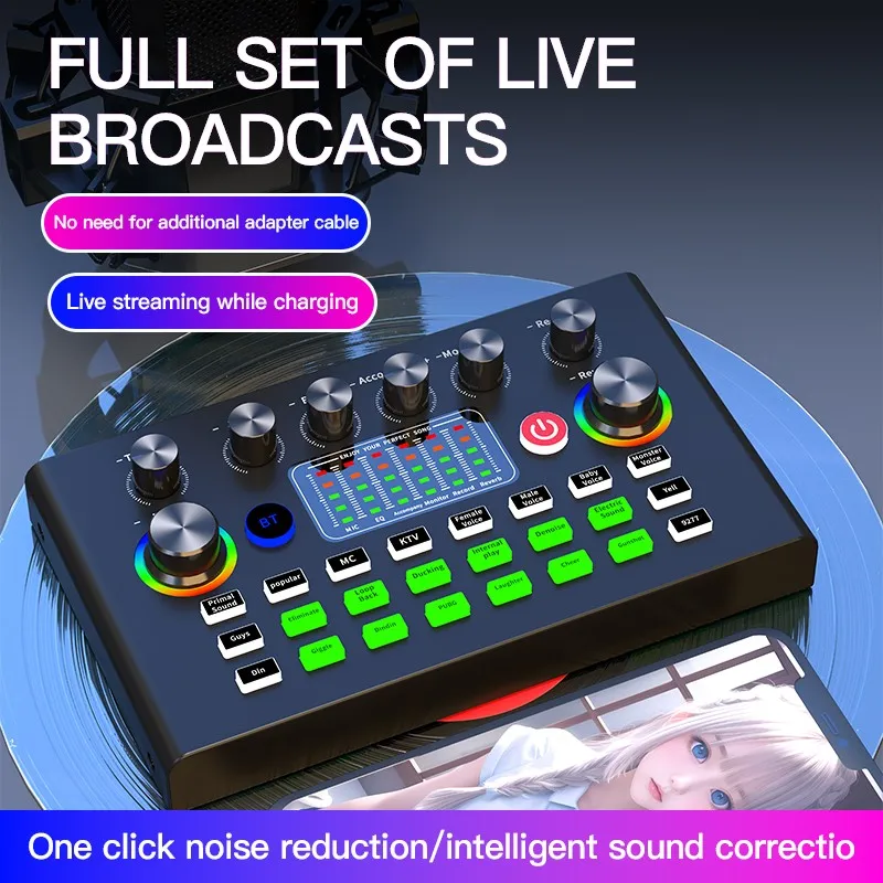 F009 Audio Mixer Live Sound Card and Audio Interface with DJ Mixer Effects and Voice Changer Podcast Production Studio Equipment