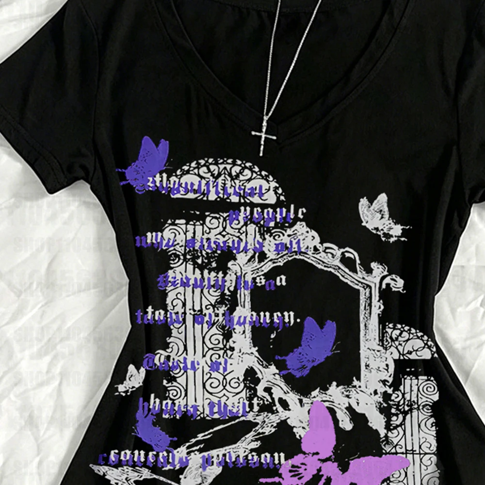 Y2K retro girl style T-shirt with black letter butterfly print short sleeved shirt - American rock style top