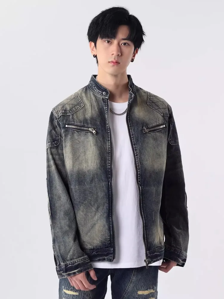 Vintage Stand Collar Cargo Denim Jacket Straight Jeans Matching Sets Autumn Mens Casual High Street Safari Style Two Piece Set