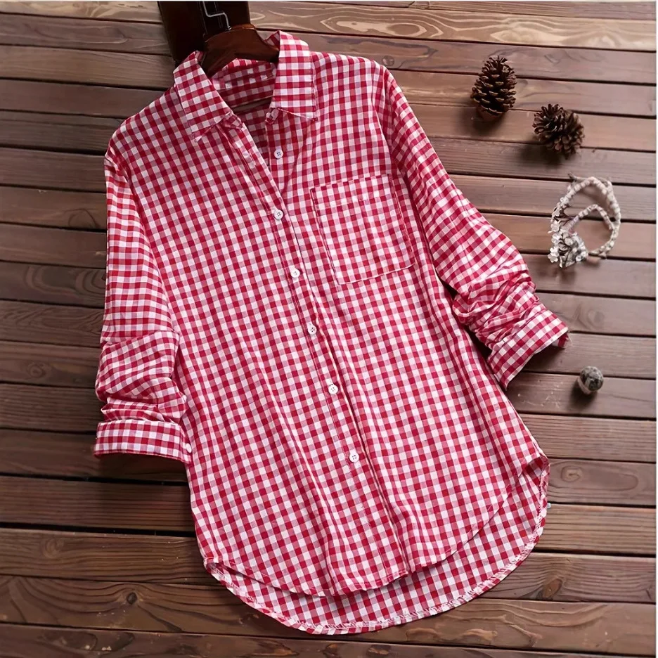 

Винтажная клетчатая рубашка с длинным рукавом из чистого хлопка, женская универсальная модель с классическим воротником, модная, свободного кроя, весенняя коллекция.