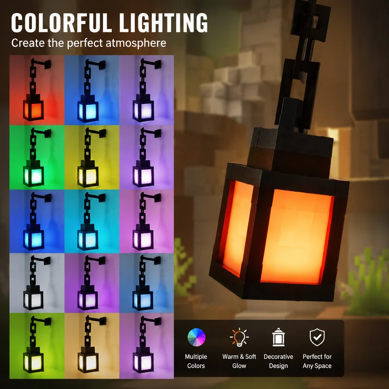 Pixel Night Light Minecraft Style LED Torch Lantern, ABS Dimmable Hanging Decor with Remote for Kids Room Gaming Party Lamp Gift