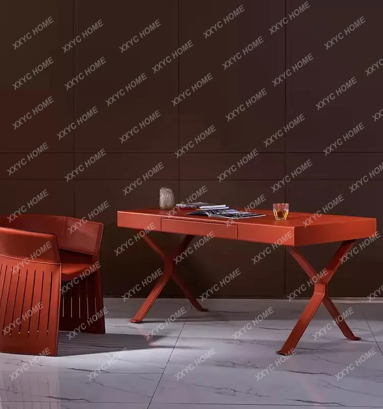 A Italian Minimalist Saddle Leather Leather Couch Single Study Chair Computer Chair Light Luxury Armchair Combination Desk