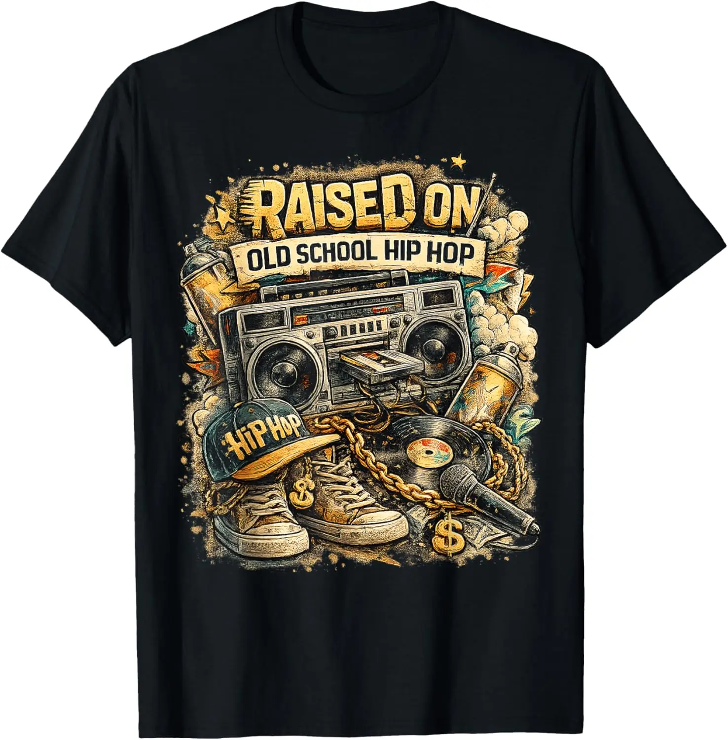 Raised On Old School Hip Hop Retro Street 80S 90S Gifts T-Shirt 100% Cotton Trendy Y2K Short-Sleeve Tee – Soft, Quick-Drying, &