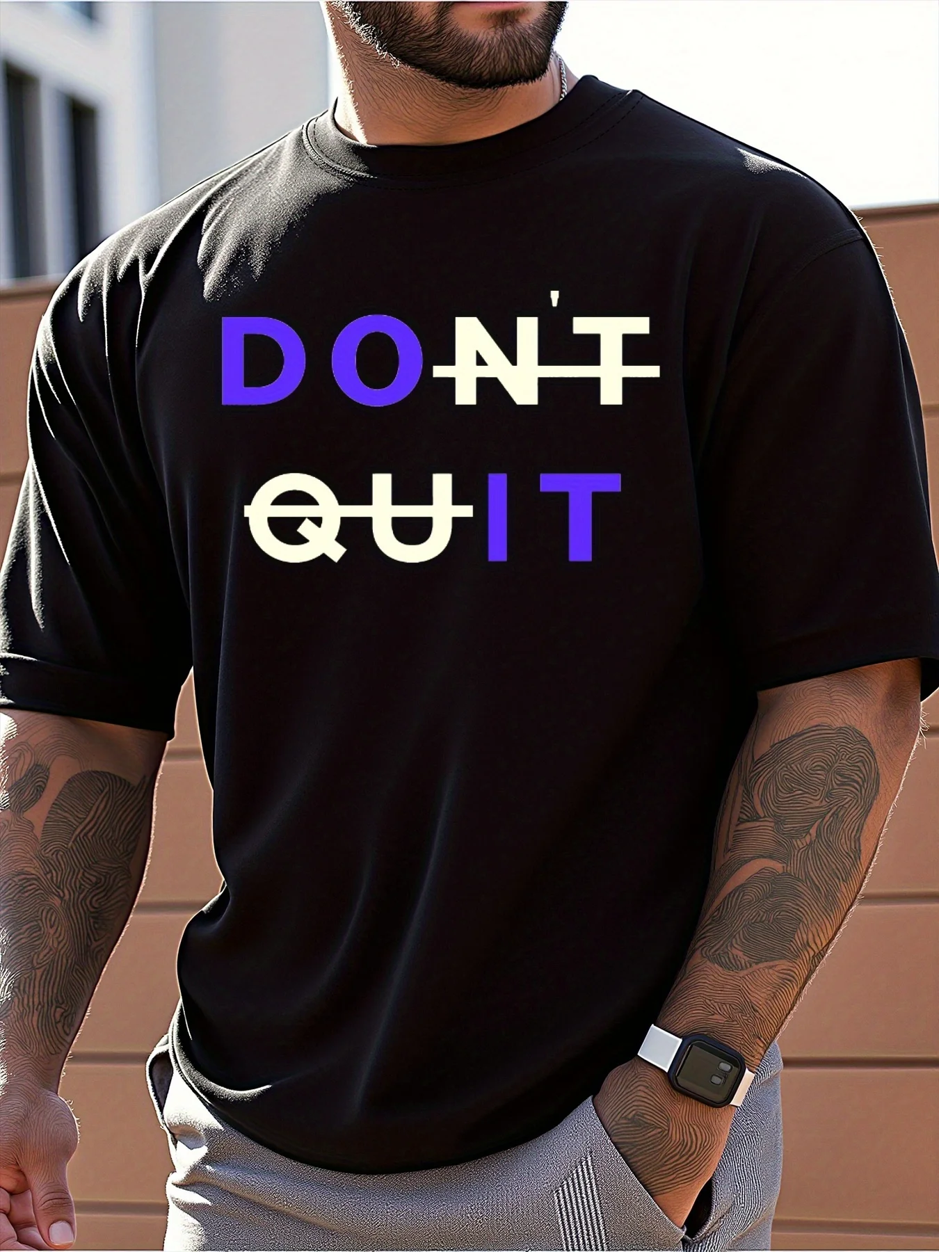 Men's Pure Cotton Casual T-Shirt with Don't Quit Motivational Print Fit Short Sleeve Breathable Tee for Daily Outdoor Wear