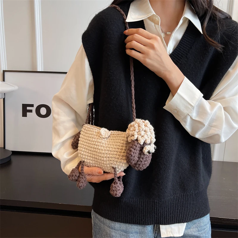 Handmade Woven Bag For Women Woolen Shoulder Crossbody Bag Cute Knitted Cartoon Bag Young Girl Crochet Doll Mobile Phone Bag