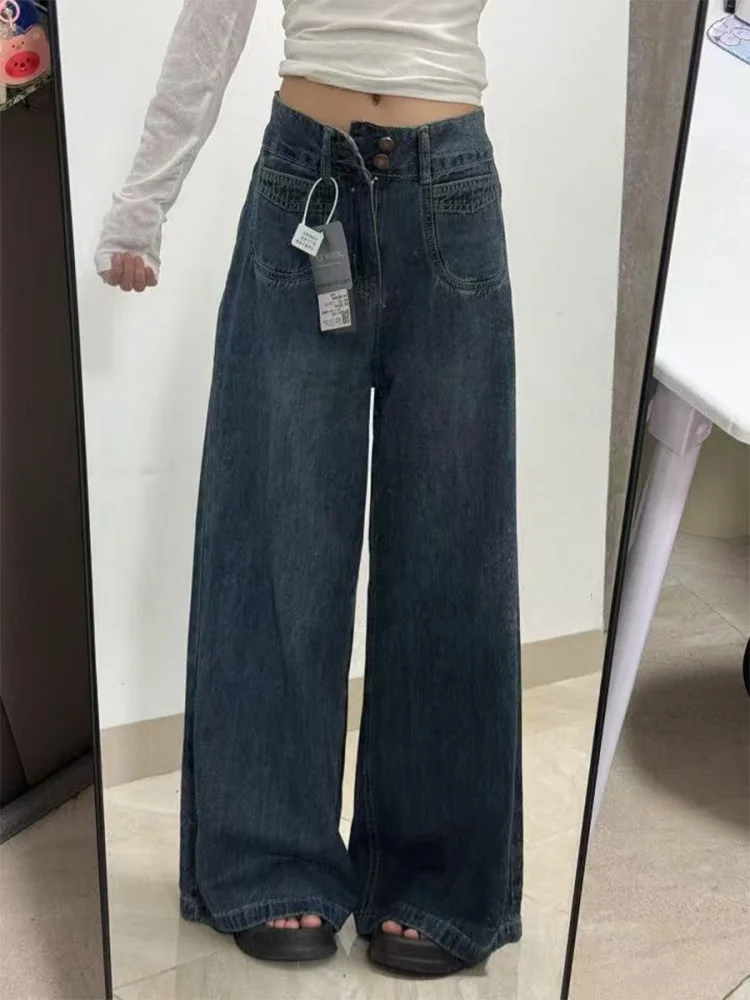 ارتفاع الخصر واسعة الساق الجينز المرأة مستقيم قطع الدنيم السراويل الخريف فضفاضة تناسب التخسيس بنطلون للكمثرى aped الجسم خمر Sle
