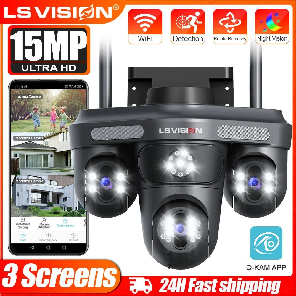 

LS VISION 15MP WiFi Security Camera Three Screen Wireless Outdoor Surveillance Camera PTZ 2-Way Audio Auto Tracking Night Vision