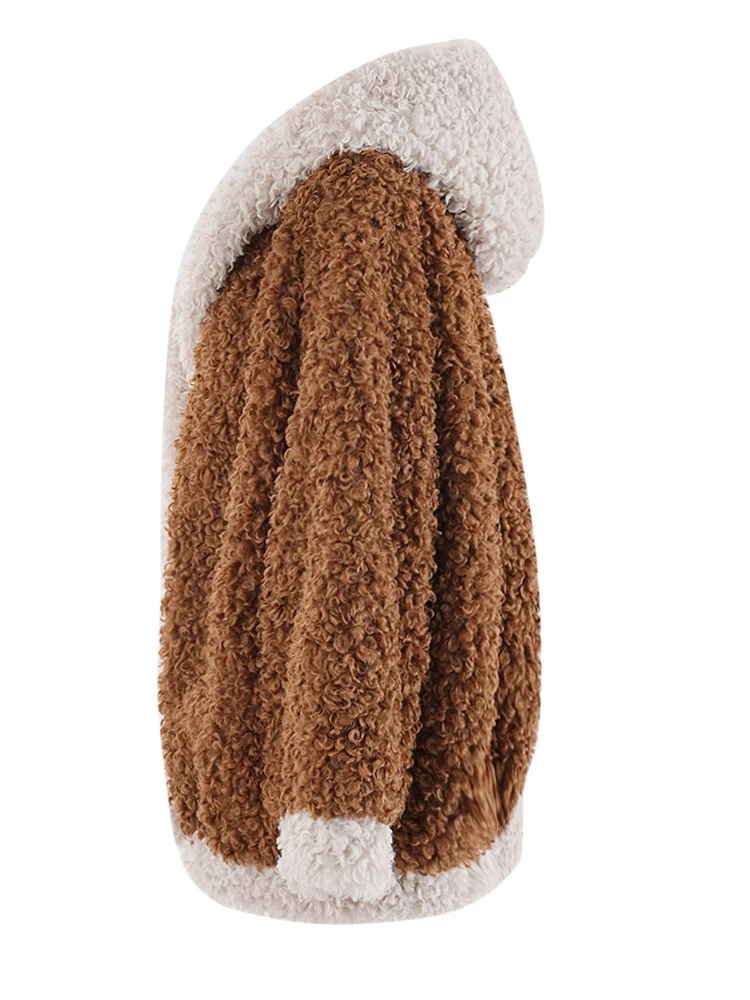 [EAM] Brown Color-block Big Size Warm Faux Fur Jacket New Hooded Long Sleeve Women Coat Fashion Tide Autumn Winter 2024 CPG2456