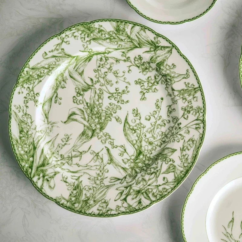 

Ins High-value Green Flower Print Dinner Plate Household Chinese Style Dishes Tableware Plate Dinner Plates Kitchen Plate Prato