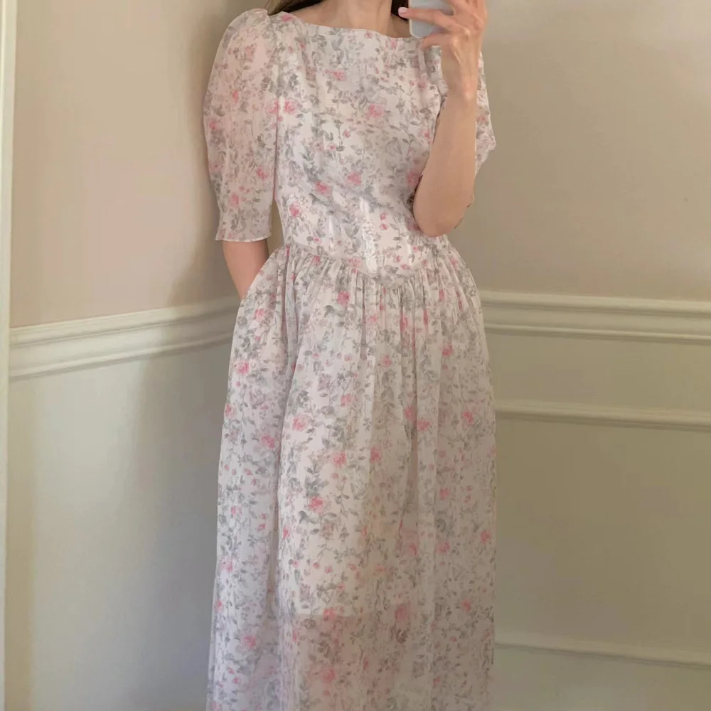 

Women's Summer Long Chiffon Floral Dress Mori Girl Style High Waist A-line Sundress Korea Fashion