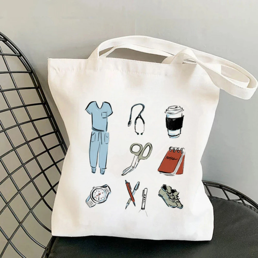 Nurse Themed Print Canvas Tote Bag Reusable Daily Shoulder Bag Perfect Gift for Nurses Healthcare Workers Everyday Use for Gift