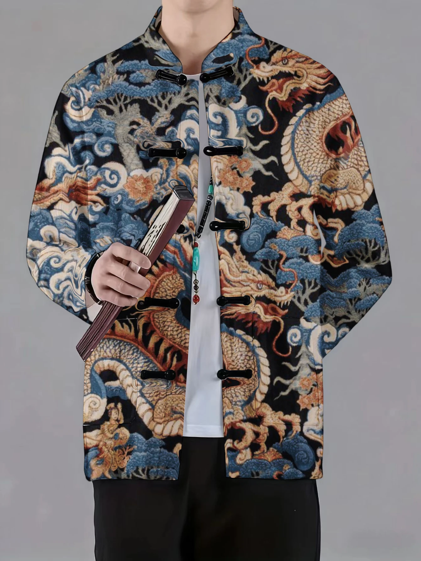 Mens Traditional Tang Suit Coat Mandarin Collar Frog Fastener Vintage Dragon Pine Tree Print Long Sleeve Fashion Outer Jacket