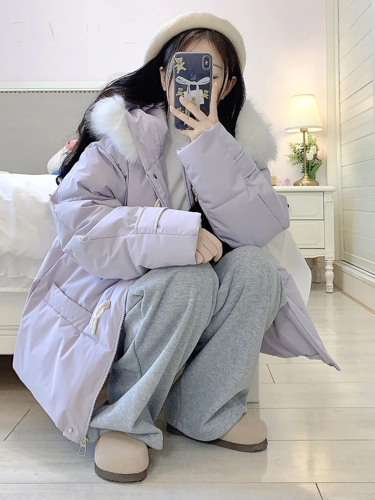 Chaqueta de Plumón para Mujer, Invierno 2025, Nueva, Talla Pequeña, Sensación de Alta Gama, Cuello de Piel, Abrigo Cálido con Botones, Estilo Dulce y Cálido