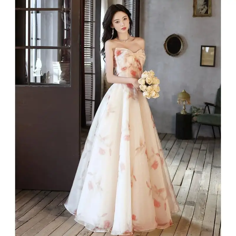 Bow Strapless Light Luxury Printed Evening Dress French Temperament Super Fairy Light Gauze Performance Prom Dresses 2024 New