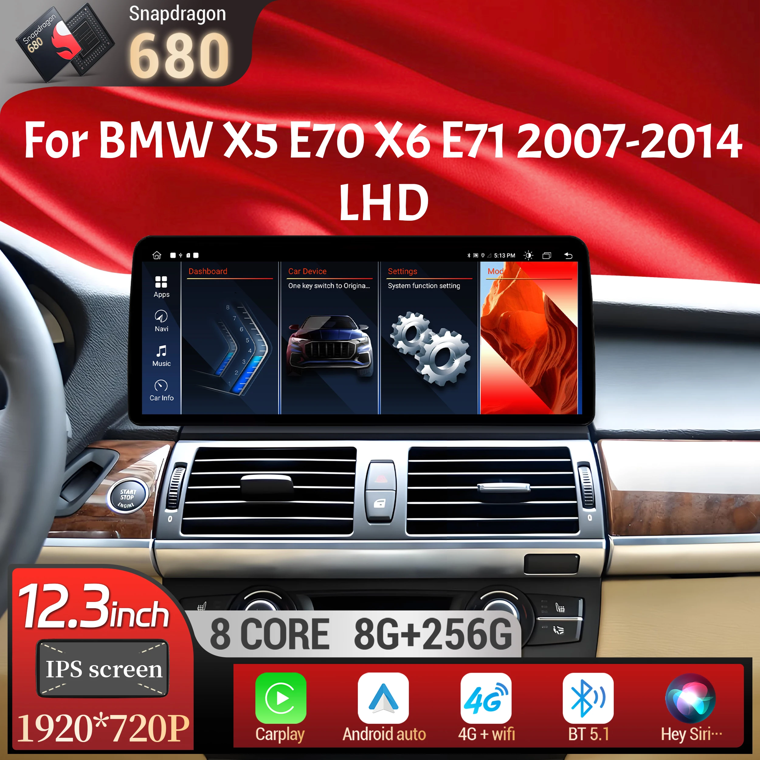 

12.3 inch Left Hand Drive Android 14 For BMW X5 E70 X6 E71 2007-2014 Car Radio Wireless BT Carplay Snapdragon 680 Touch Screen