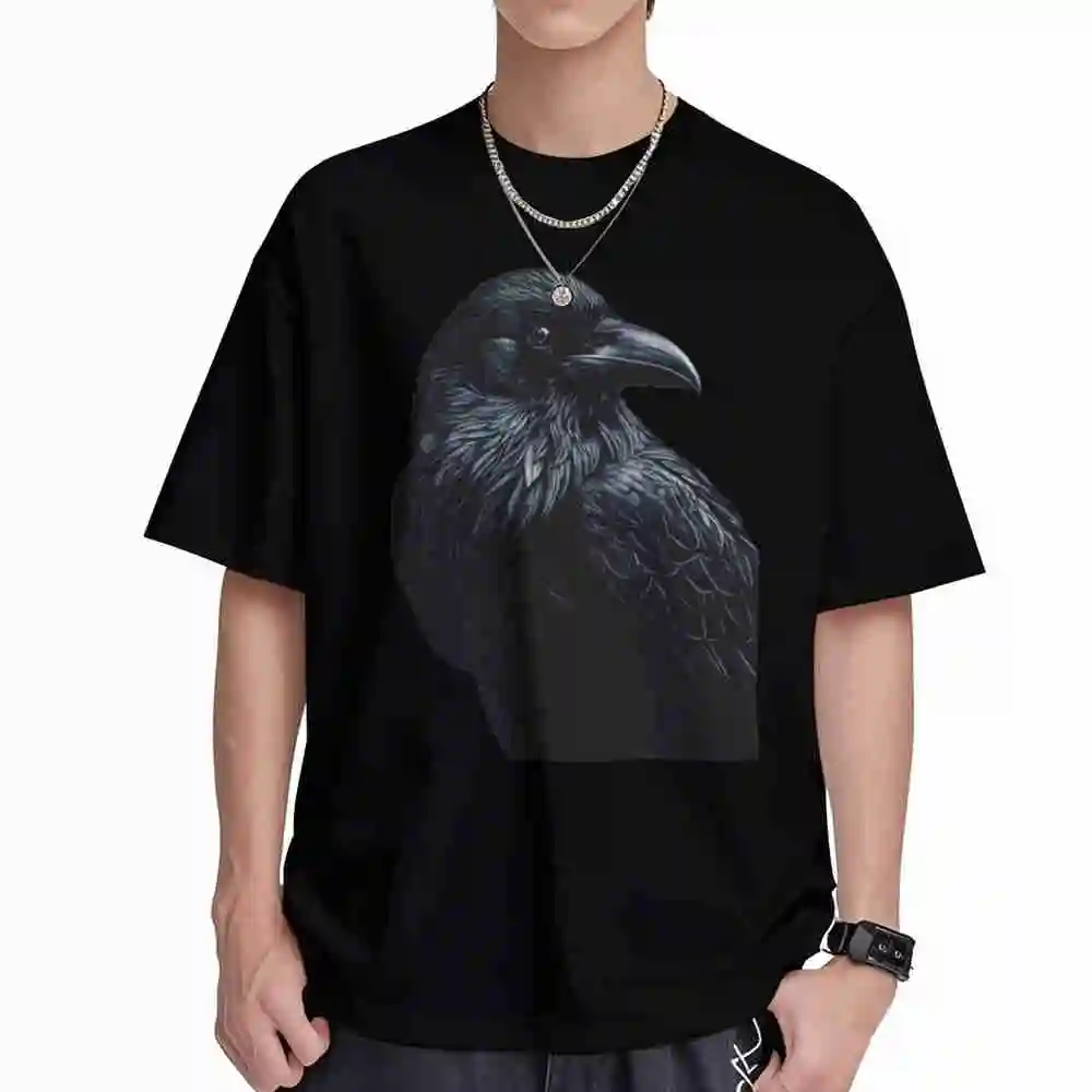 Raven Detailed Feathers Sharp Beak Short Sleeve Tee 100% Cotton T-Shirt