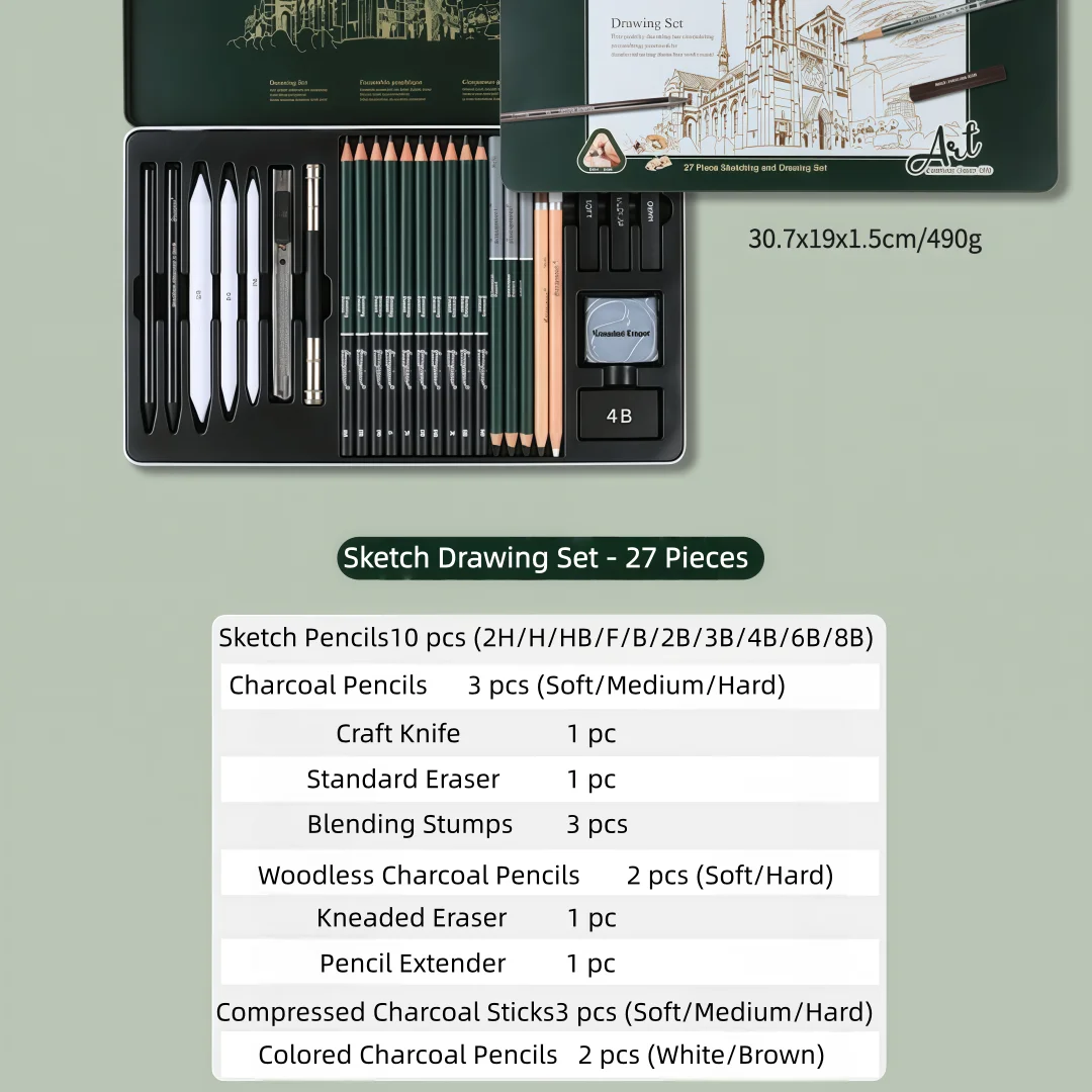 Beginner Art Student Sketching Pencil Set 27 Pieces Including Charcoal Pencil, Eraser, Utility Knife, Complete Drawing Tools Gift Box Set