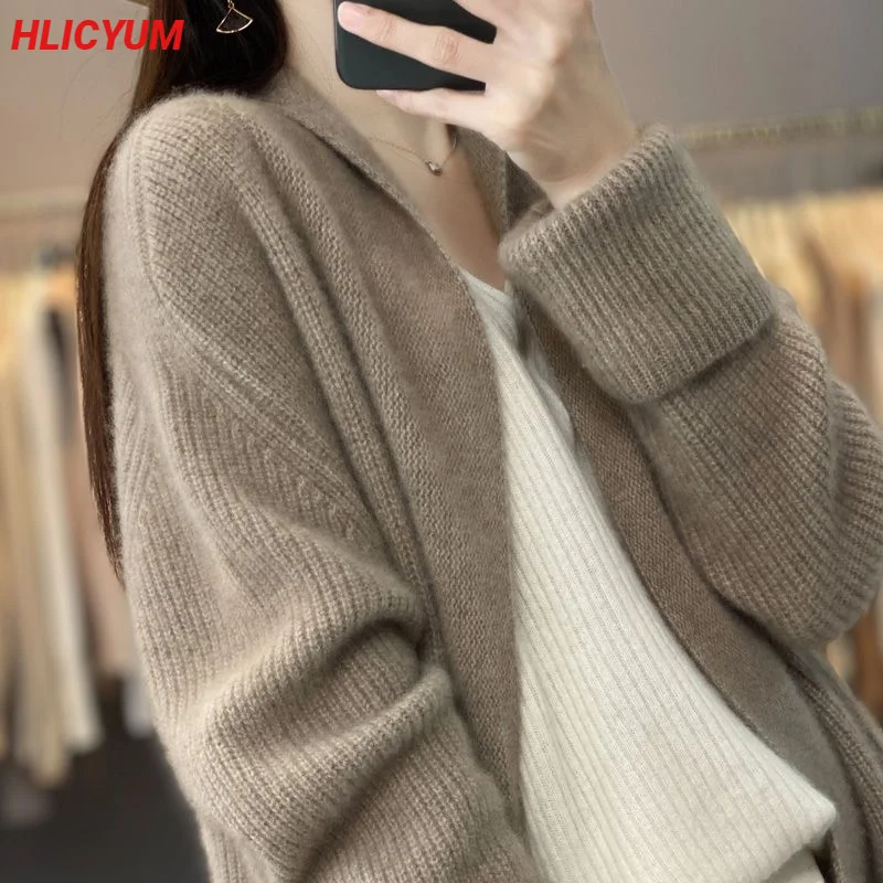 Long cashmere cardigan Autumn/winter new casual knitted garment Thickened V-collar lady\'s jacket loose 100% pure wool sweater