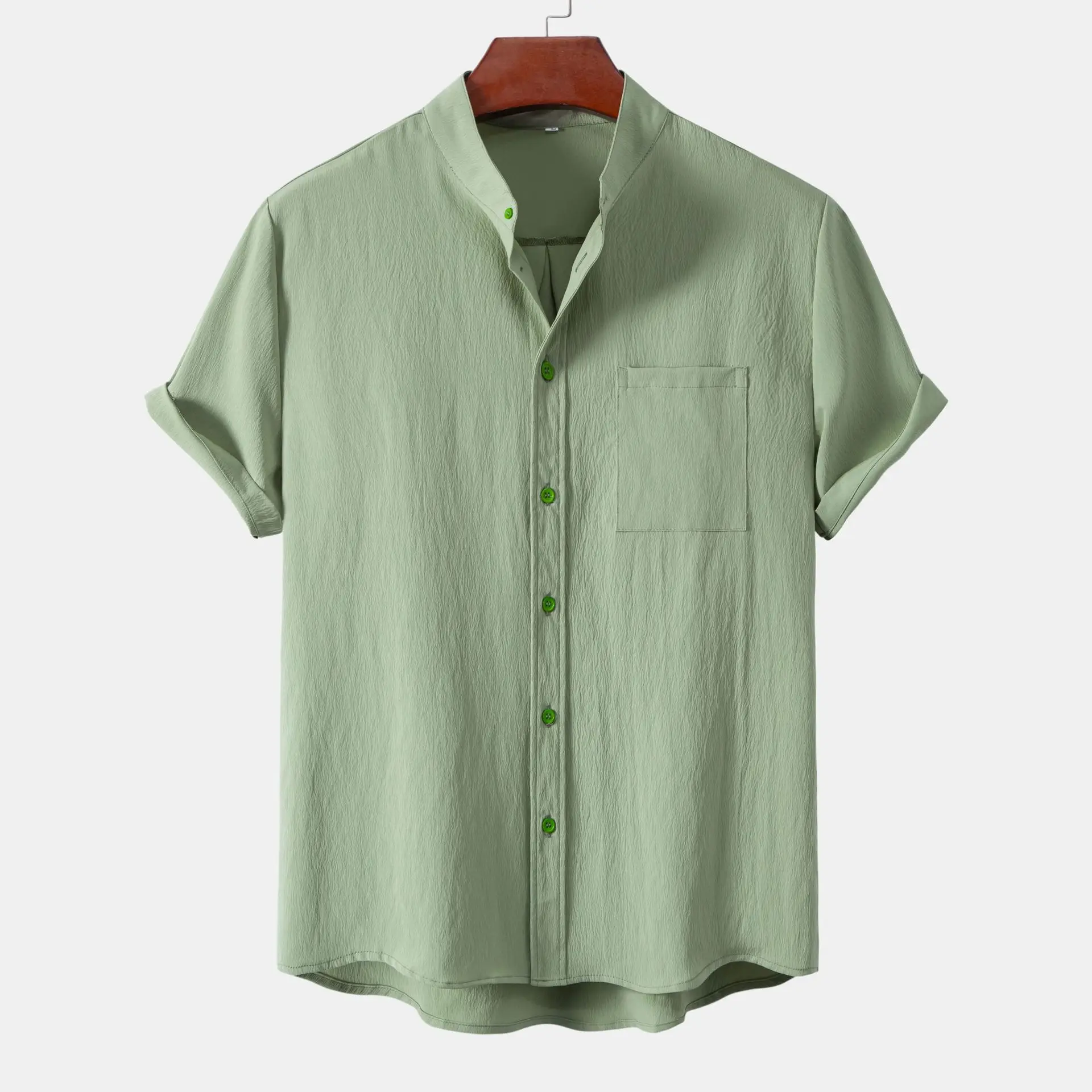 New Mens Chinese Style Stand Collar Shirt Short Sleeve Solid Color Imitation Cotton Linen Summer Casual Fashion Lightweight Top