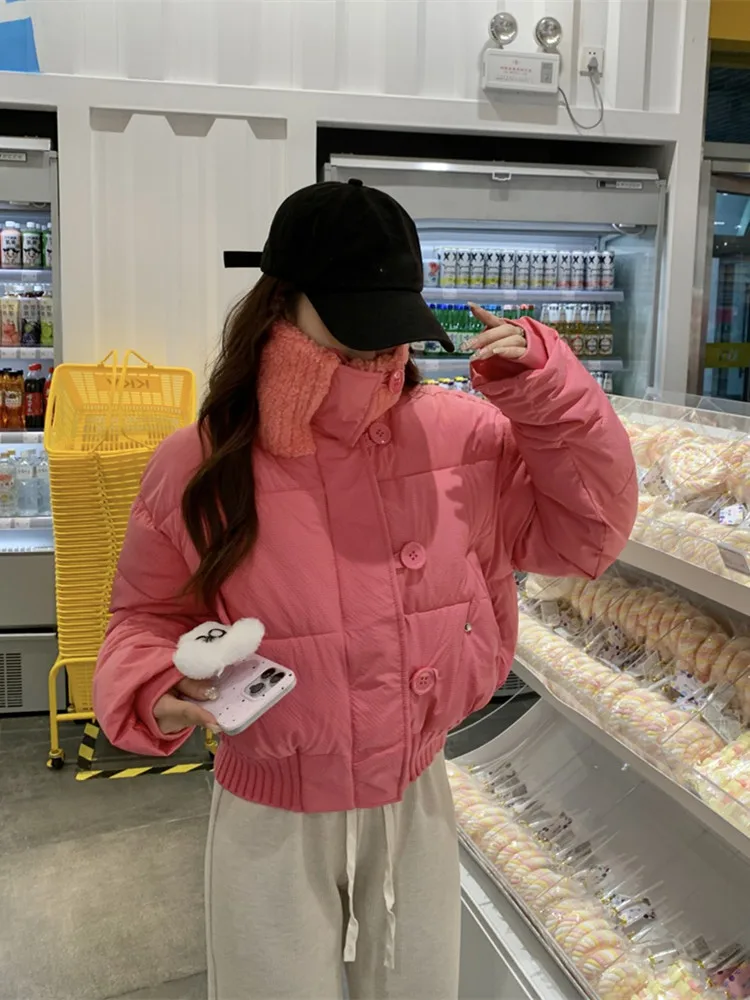 Casaco de algodão monocromático à prova de vento feminino, casaco puffer de penas, casacos curtos, moda streetwear, estilo coreano, inverno, novo