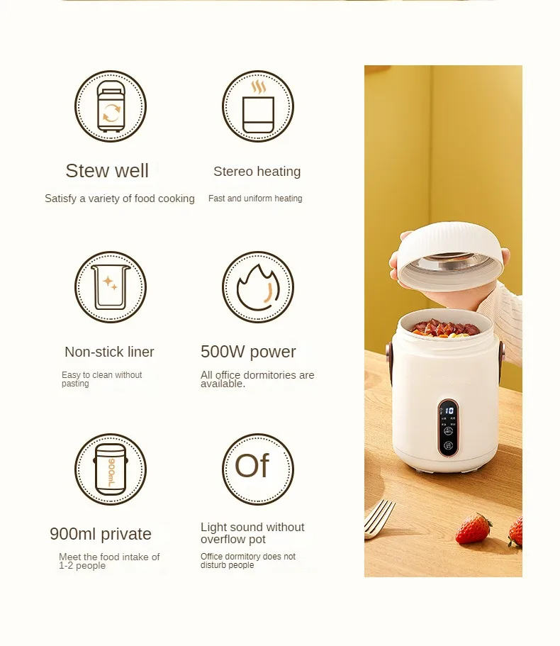 Mini Cuiseur à Ragoût Céramique 1L - 200W, Minuterie, Anti-brûlure - Idéal Soupe, Bouillie, Petit Plat Pour 1-2 Personnes