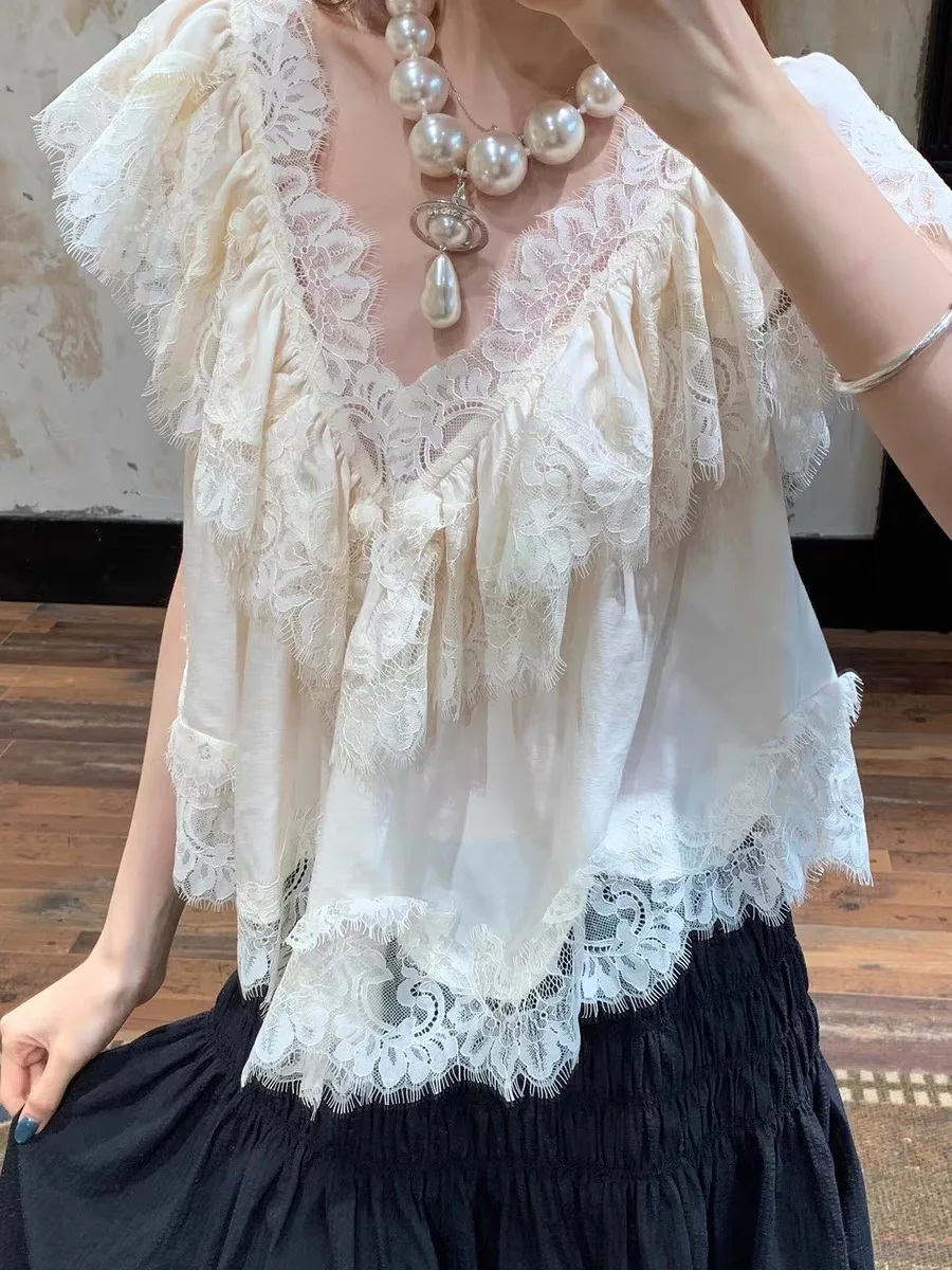 MIJUE Lace Trim Slimming Shirt Unique Holiday Gentle Style Bell Sleeve Soft Fabric Polyester Short Sleeve Women's Casual Top