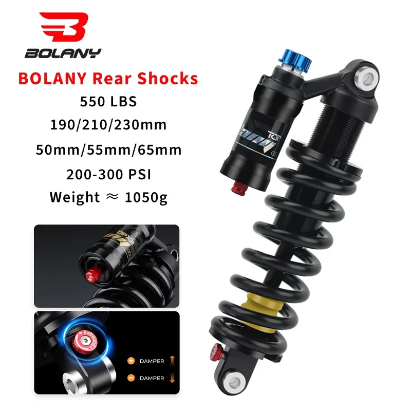 

BOLANY 190/210/230mm MTB Bikes Rear Suspension Shock 6066 Alloy Adjustable Coil Spring for Downhill/Electric Mountain Bikes