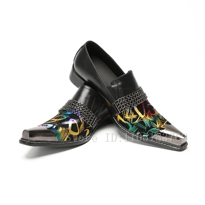 المعادن ساحة تو يطبع خليط الرجال حذاء رسمي سلاسل ديكور الانزلاق على أكسفورد المتسكعون جلد طبيعي أحذية الحفلات الزفاف