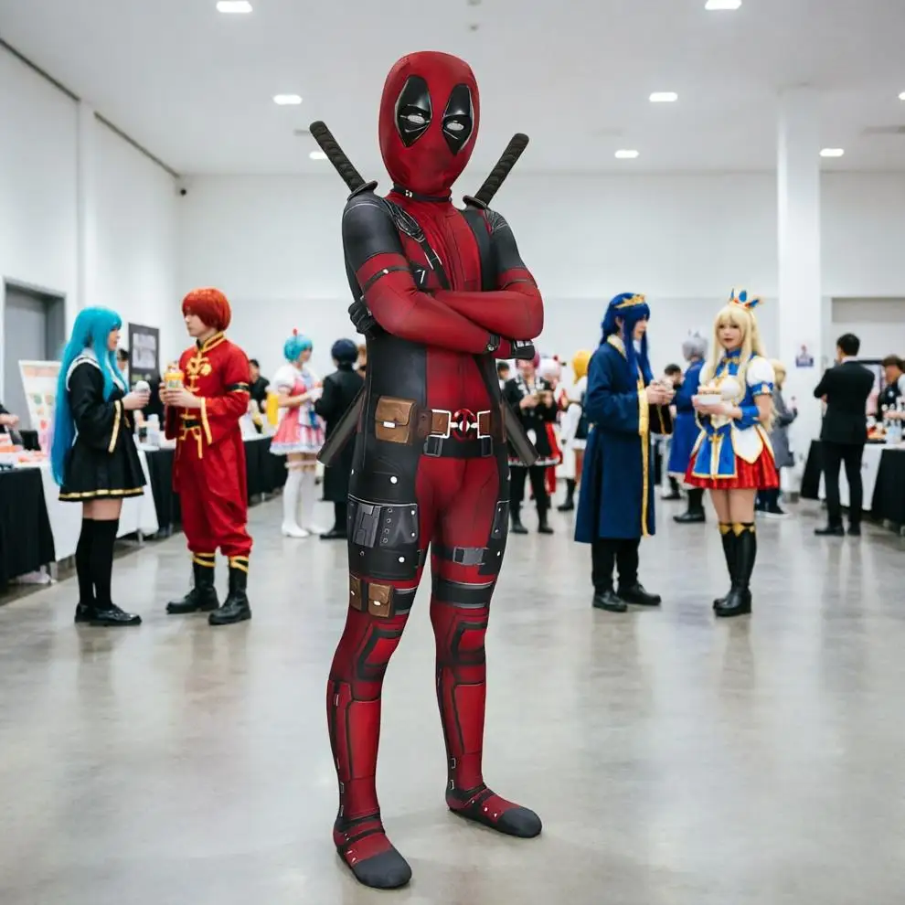 Hochwertiges Cosplay Deadpool Kostüm Anzug Film-Bodysuit Jumpsuit Schwert-Set Festival-Geschenk Halloween Weihnachtsfeier Cosplay
