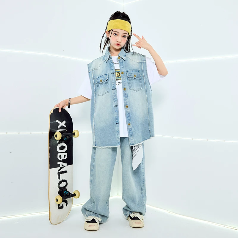 Novos meninos denim colete calças hip hop terno meninas jazz desempenho trajes grupo de salão hip hop dança festival roupas rua wear