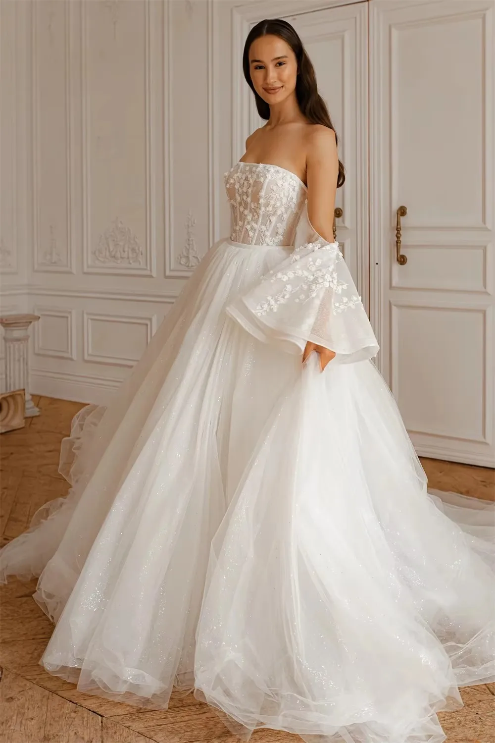 Exquisite Two Pieces Wedding Dresses 2026 Strapless Butterfly Sleeves Lace Appliques Dazzling Glitter Sequins Church Bride Gown