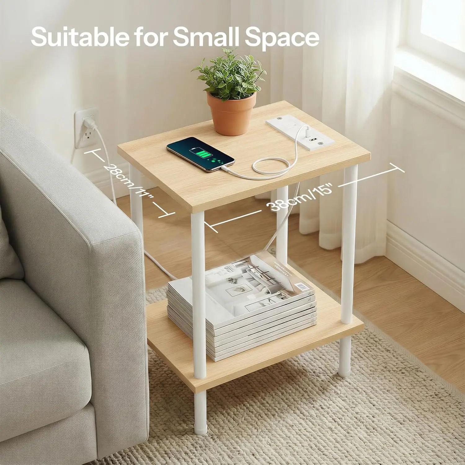 Side Table with Charging Station, End Table with USB Port and Outlet, Nightstand with 2-Layer Storage Shelves for Small Space