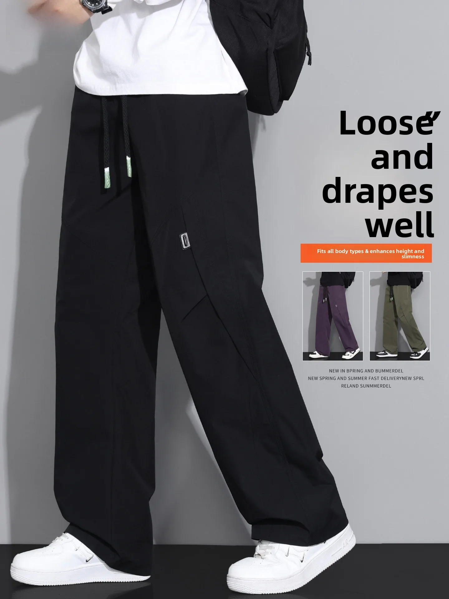 

Loose Straight Leg Men's Workwear Pants Bla Curved Knife Autumn plus Size Casual Trousers Youthful Sle Polyester Fiber