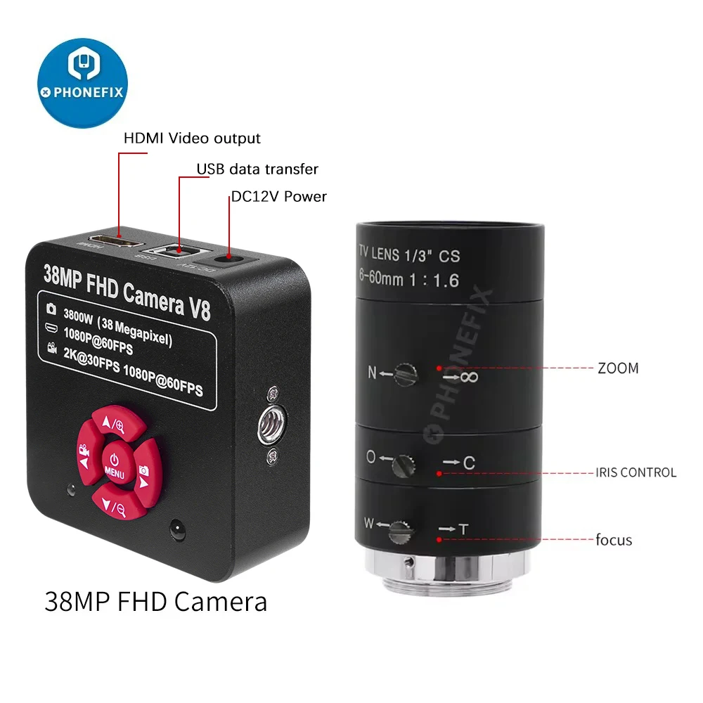 38MP HDMI Camera 1080P 3800W HD 60FPS 2K Industry C/CS-Mount Camera Live Streaming Webcam with 6-12mm or 6-60mm Varifocal Lens